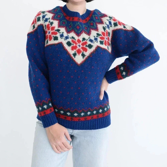 Vintage 90's Eddie Bauer Blue Wool Festive Gramacore Knit Crewneck Sweater  M - Picture 2 of 11